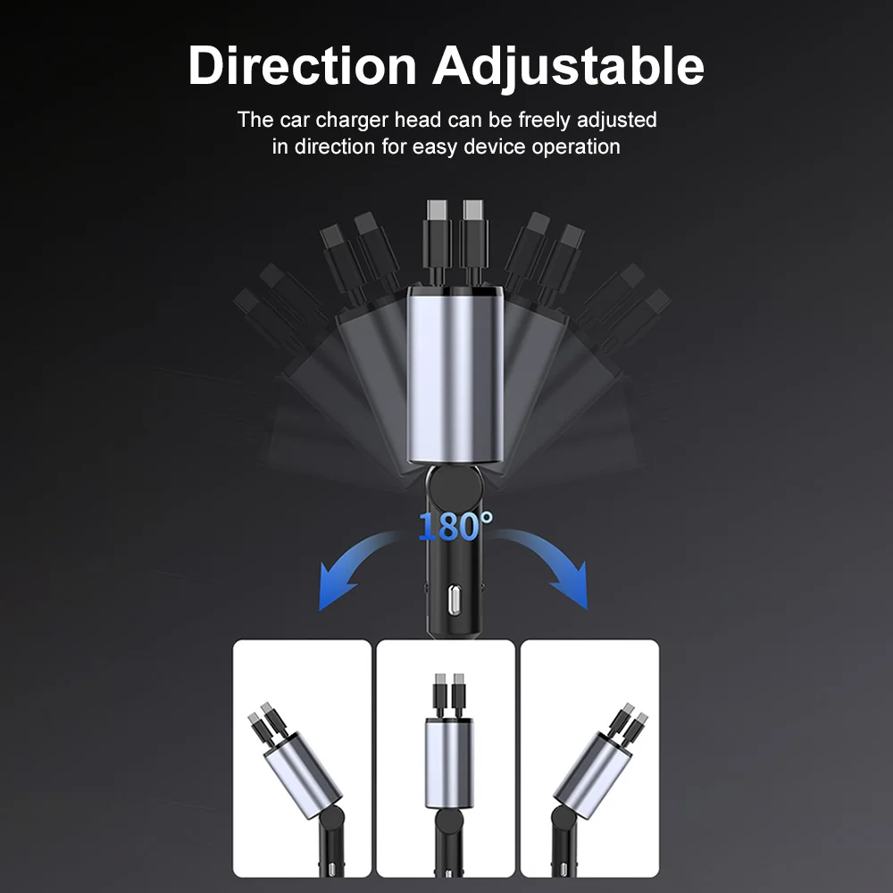 3 in 1 120W Car Charger Retractable Car Cigarette Lighter Adapter USB Type C to Type C Fast Charger Cable For iPhone Samsung
