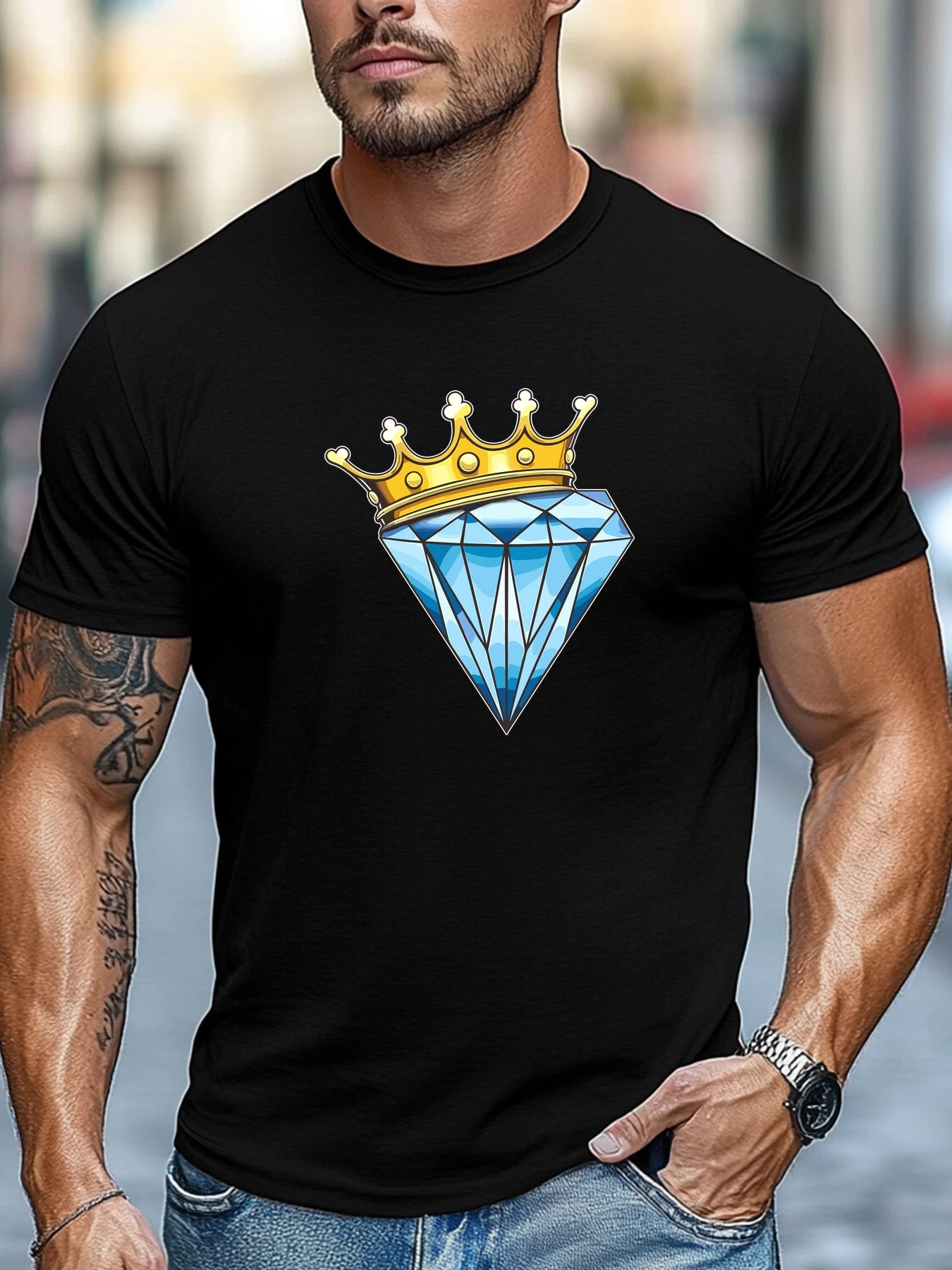 Men Black Crew Neck Tee Shiny Light Blue Diamond With Golden King Crown Luxury Royal Crystal Graphic Soft Short Sleeve Hip Hop R