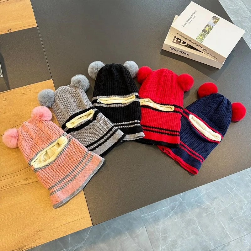 

Baby winter hat ear protection face protection children's hat bib all-in-one plush thickened windproof hairball knitted hat cute