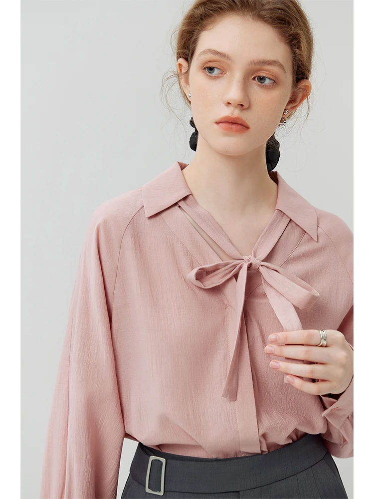 FSLE-Camisa de manga larga con cinta desmontable para mujer, Top holgado con cuello en V y cordones, estilo francés, Otoño, 2023