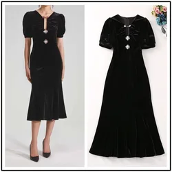 Luxury Elegant Crystal Autumn Velvet Long Dress For Women's Summer Short Sleeve Fishtail Mermaid Evening Party Midi Dresses Lady