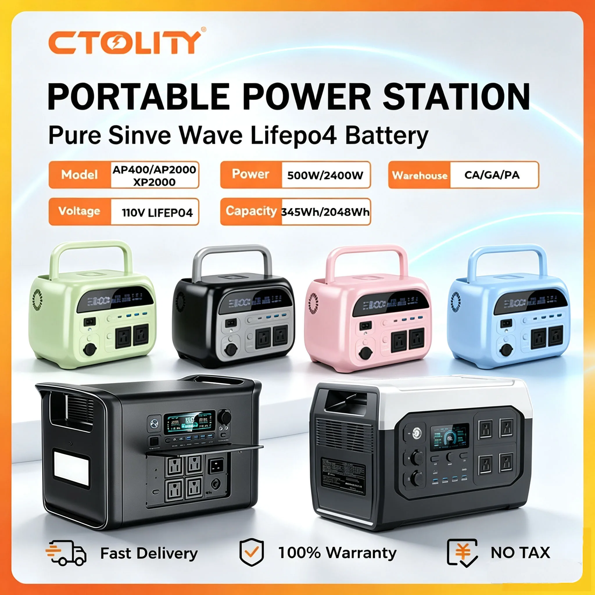 CTOLITY 2400W/500W UPS Portable Power Station, 2048Wh/345Wh LiFePO4 Solar Generator with MPPT, Fast Charging, AC Pure Sine Wave Energy Storage Supply, for Home Outdoor Camping