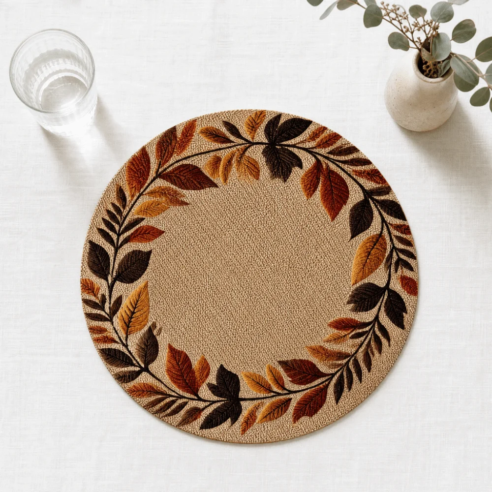 6PCS Non-slip Round Placemat Heat Insulation 2D Printed Flower Linen Table Mat Polyester Anti-scald Coaster