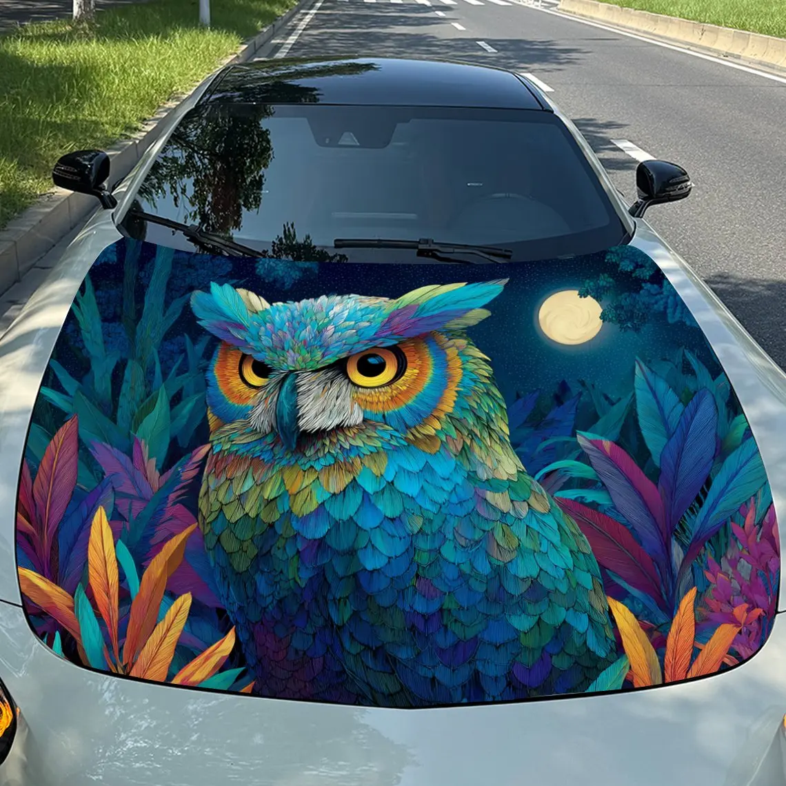 Car Decals Owl with a Mesmerizing, Kaleidoscopic and Enchanting - Vibe Background Car Hood Sticker, Waterproof Self - Adhesive V