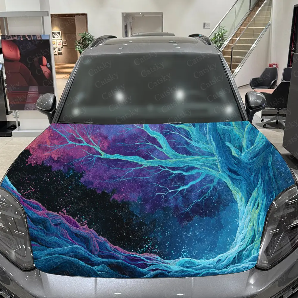 สติ๊กเกอร์ติดฝากระโปรงรถลายต้นไม้เนบิวลาที่น่าหลงใหล - มีกาวในตัว กันน้ำ และทนทาน หุ้มด้วยไวนิล ตกแต่งและปกป้องรถของคุณ -
