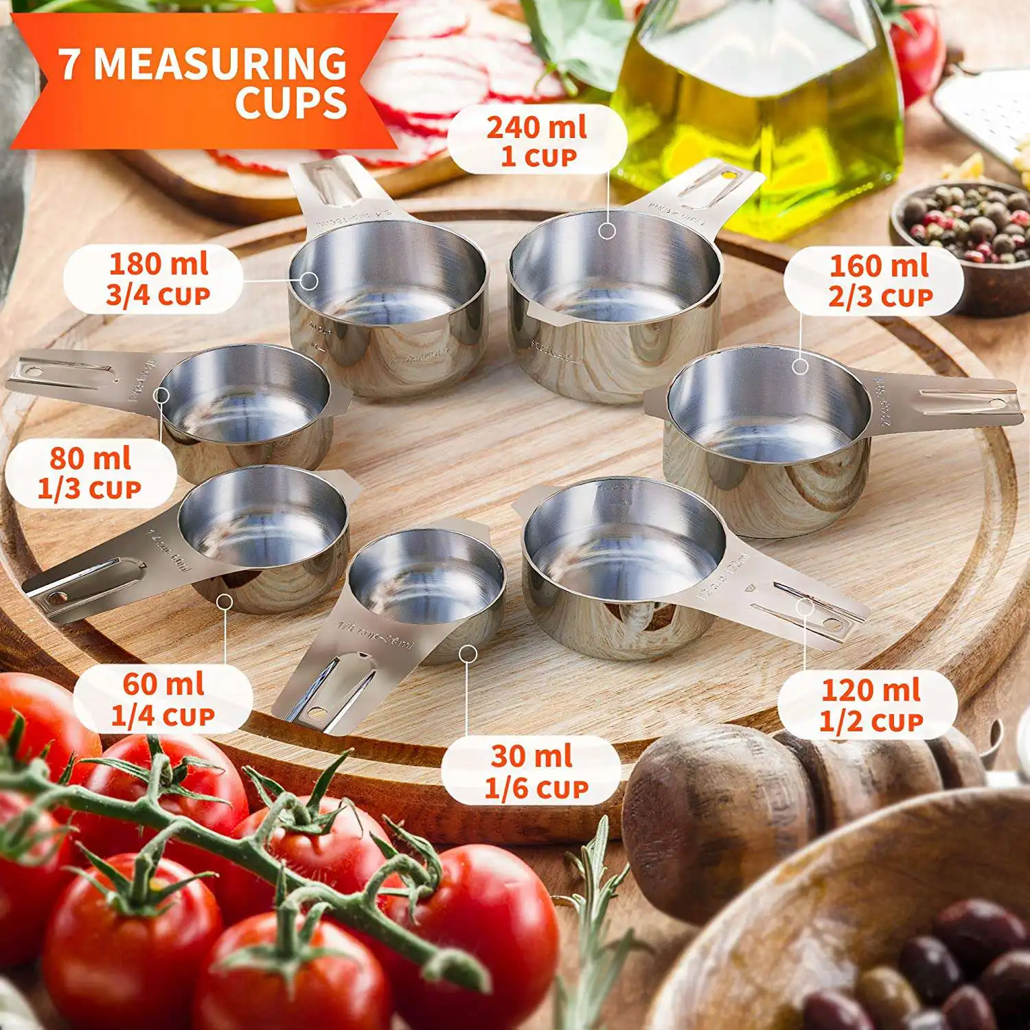 Stainless Steel Measuring Cups and Spoons Set of 14 Pieces,7 Nesting Cups and 7 Stackable Spoons Professional Portable