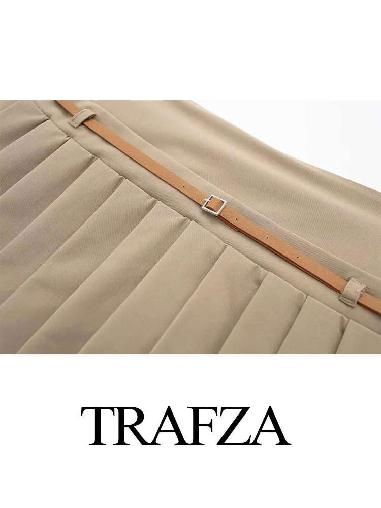 TRAFZA 2024 Summer Women\'s Retro Spliced ​​Leather Belt Skirt High Waist Chic Pleated Women\'s Zipper Mini Skirt Streetwear