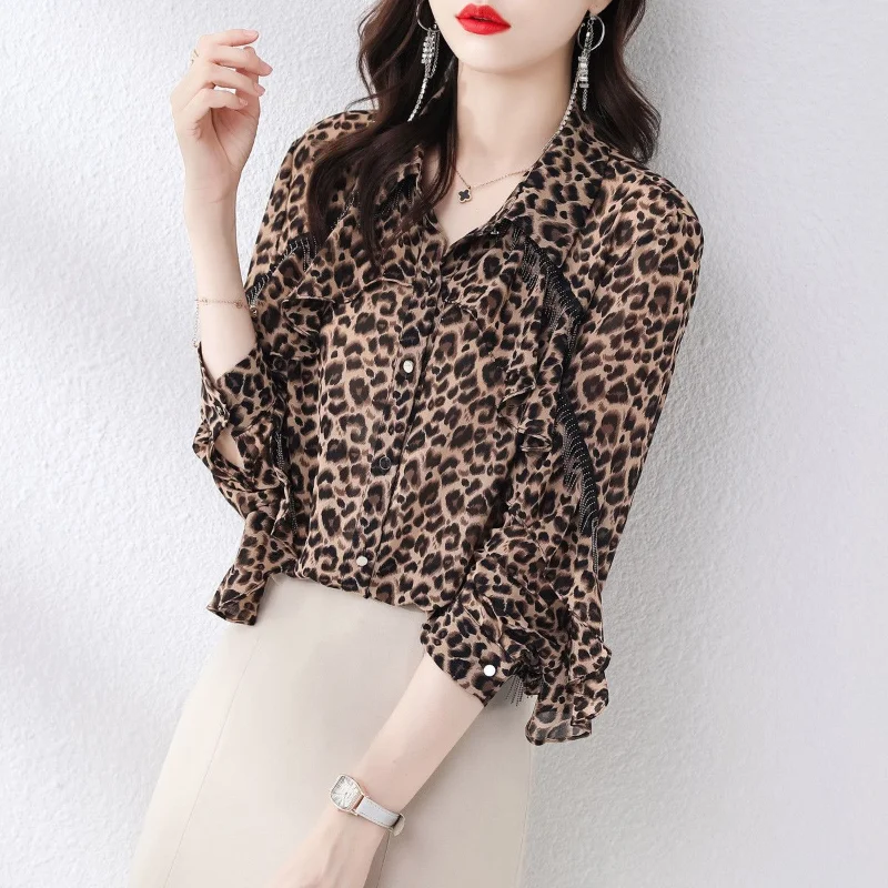 Long Sleeve Tassel Temperament Women\'s Clothing Sexy Leopard Commute Lapel Single-breasted Spring Simplicity Casual Tops Shirt