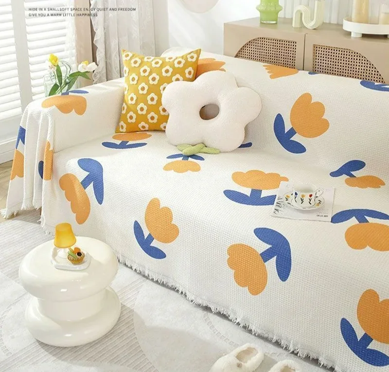 Nordic Tulip Printed Dustproof Sofa Towel Multi-Purpose Double Face Usable Couch Slipcover Comfortable Shawl Blanket for Office