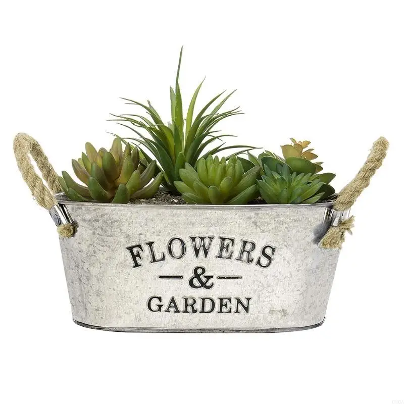 C90A Old Look Plant Metal Pot Container with Twine Handles
