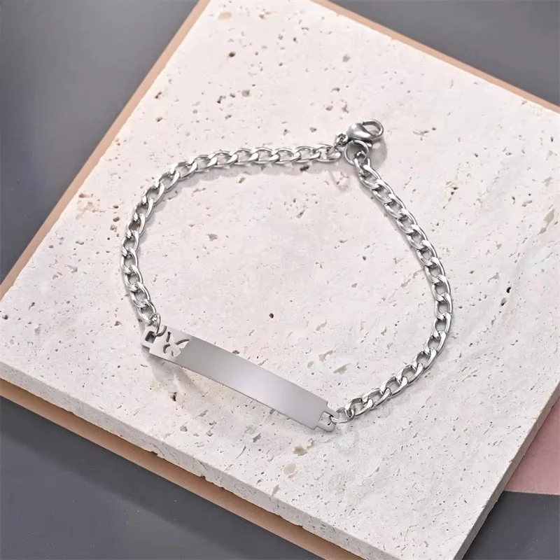 18K Gold Plated Stainless Steel Figaro Bar20CM Custom Engrave Name Heart Star Butterfly = Bracelets For Women Daily Jewelry Gift