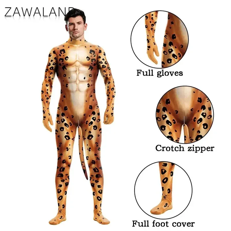 Zawaland Tigre Leopardo Ghepardo Petsuit per Uomo Animale Travestimento Costume Cavallo Cerniera Zentai Carnevale di Halloween Tute Complete