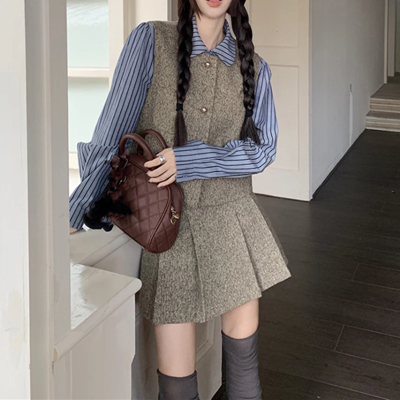 Vintage College Style Women 3pcs Outfit Long Sleeve Striped Shirt Tweed Single Breasted Vest Coat High Waist Pleated Skirt Suits