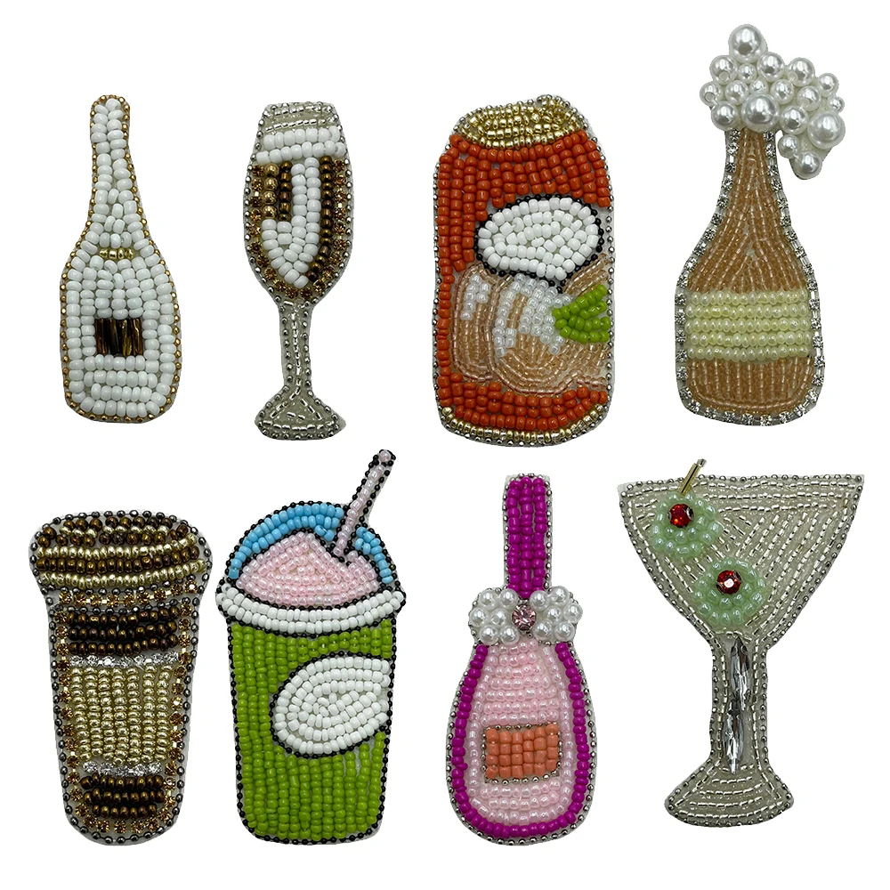 Fashion Handmade Bottles and cups Rhinestone Beaded Patches for Clothes Sew on Parch Badge Applique Embroidered Parches