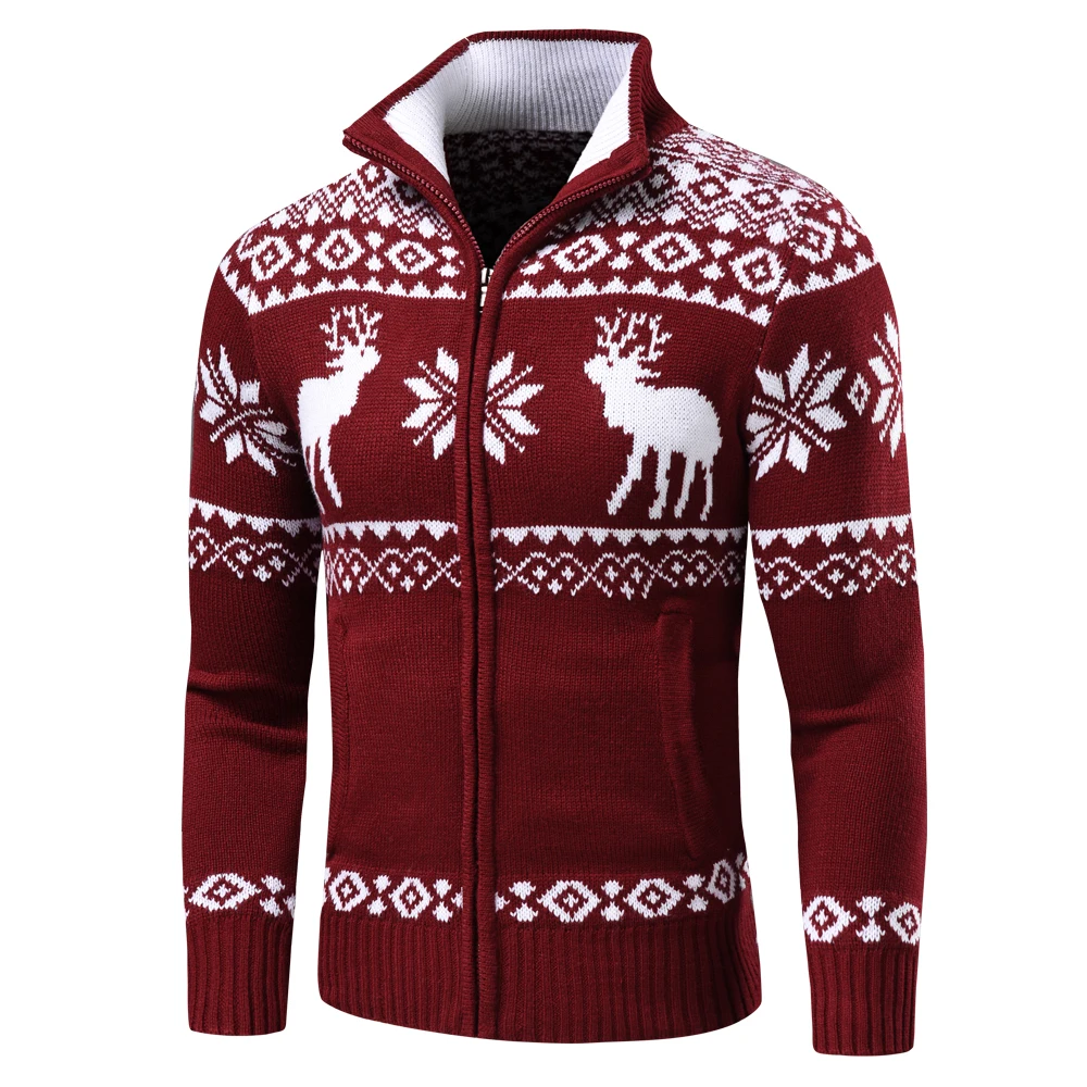 Men Autumn New Casual Jacquard Christmas Pattern Zip Sweater Cardigan Jacket Men Winter Long Sleeve Mock Neck Sweater Pullover