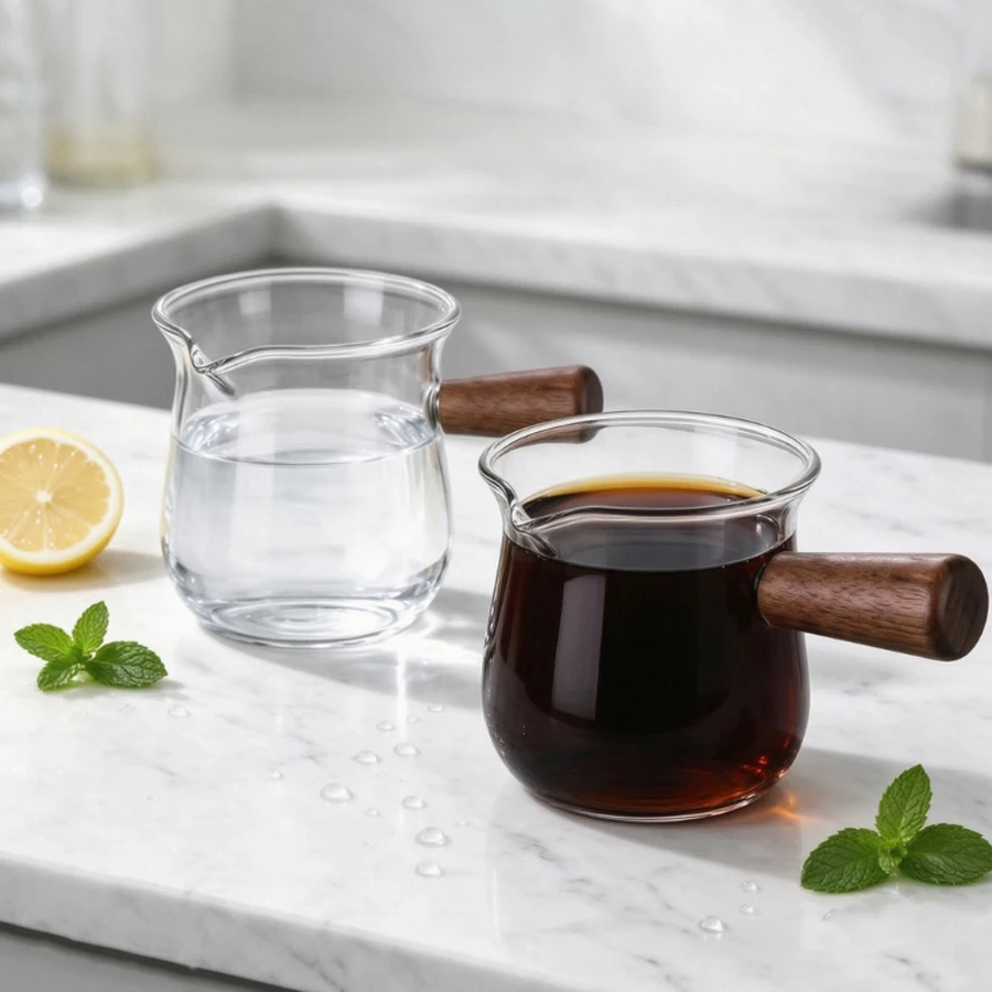 Heat Resistant Glass Creamer Pitcher with Wood Handle, Clear Milk Jug Non-Drip Spout, Coffee Latte Serving Cup for Home Cafe