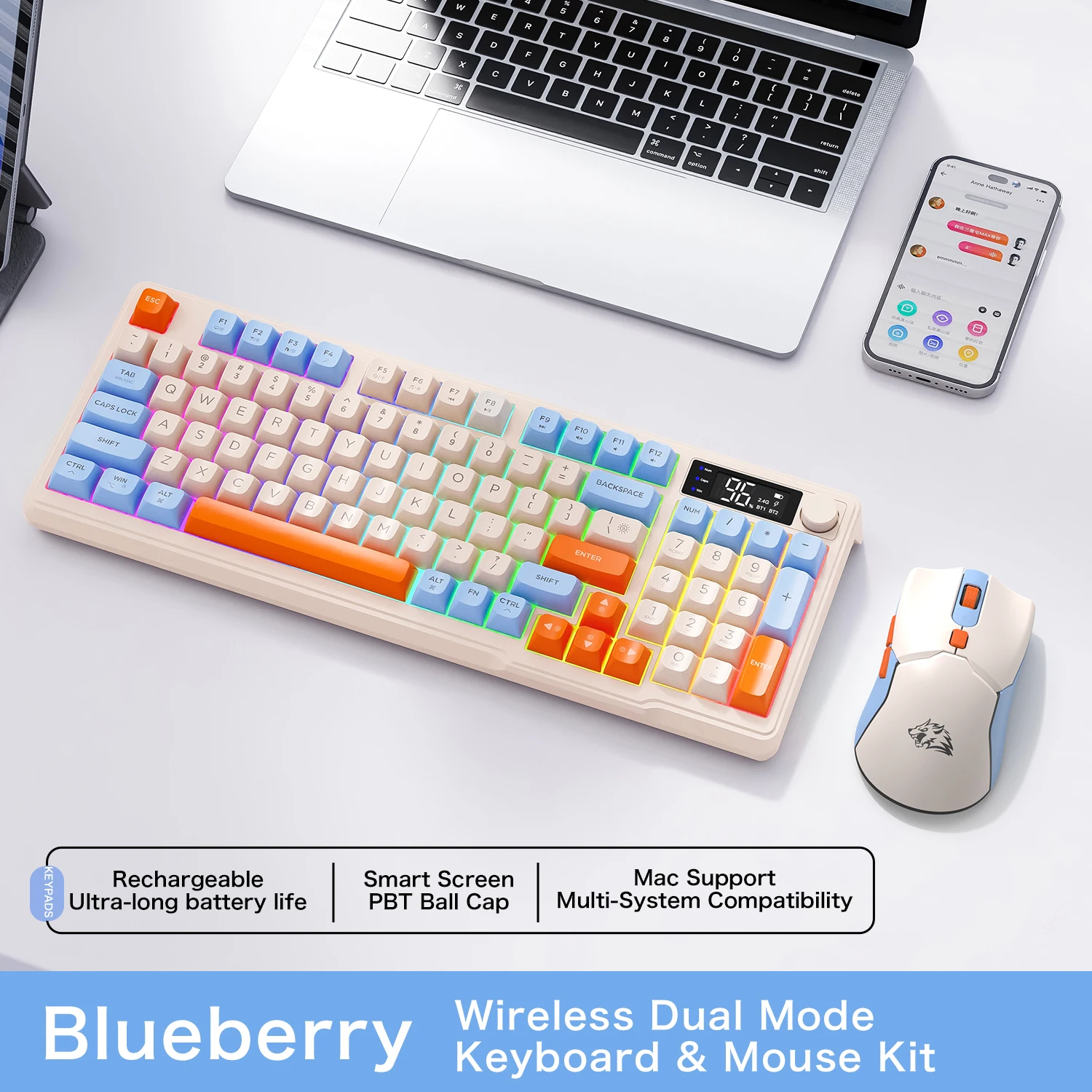

Беспроводная Bluetooth-клавиатура и офисная мышь FREEWOLF T96, RGB-подсветка, модный трехцветный дизайн для ПК/Mac