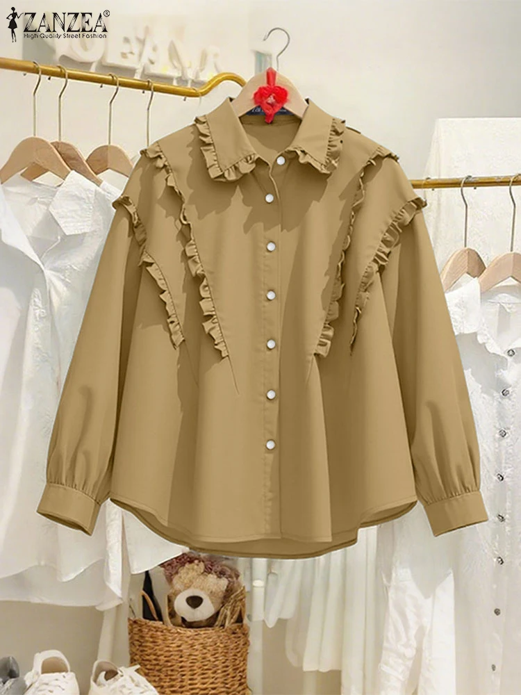 

2025 ZANZEA Fashion Shirts Women Autumn Long Sleeve Ruffled Blouse Elegant Office Lady Tunic Tops Solid Color Blusas Femininas