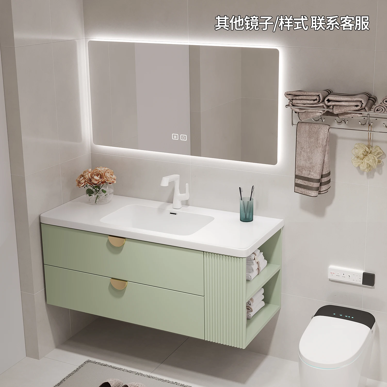 

Новинка 2022, шкаф для ванной комнаты, встроенная раковина из искусственного камня, шкаф для ванной комнаты, зеленый шкаф для умывальника, комбинация