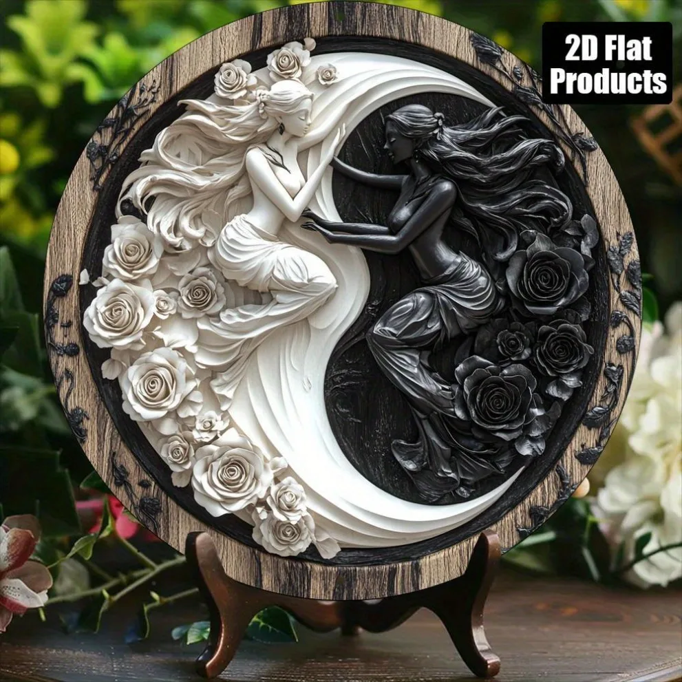 Round 2D Aluminum Sign, Black & White Art Lady Wall Decor, 8