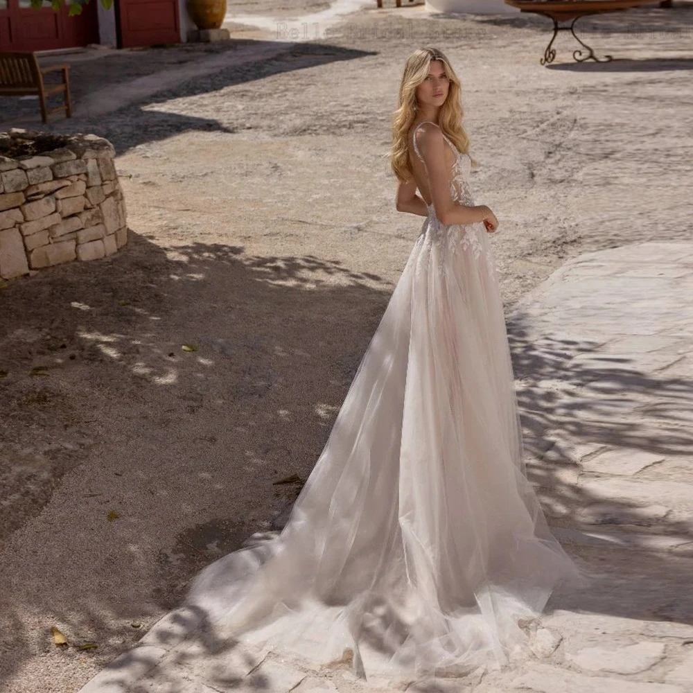 فساتين زفاف أنيقة عاجية مخصصة أشرطة سباغيتي زفاف مزينة بدون ظهر سويب تراين على شكل حرف a فيستدوس دي نوفيا #2