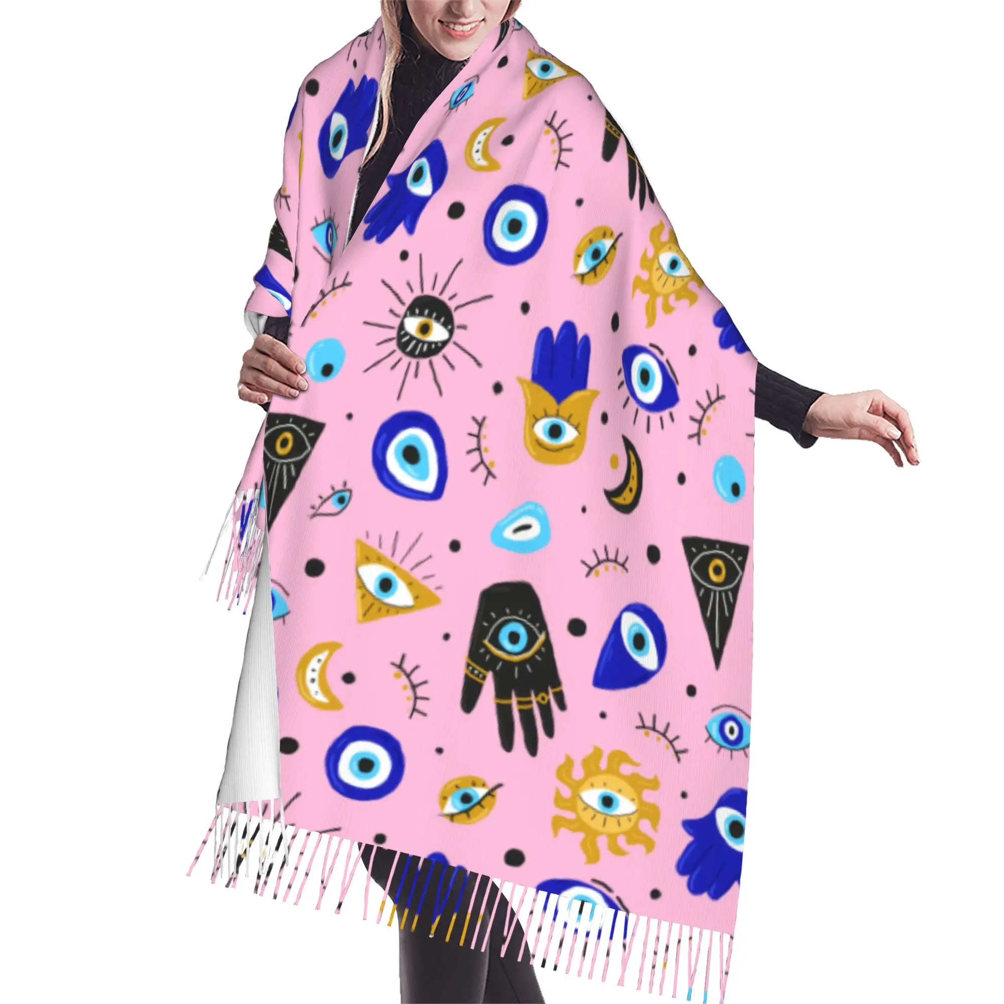 Custom Evil Eyes Symbol Protection Turkey Greece Magic Pattern Scarf Wrap Women Long Winter Fall Warm Tassel Shawl Scarves