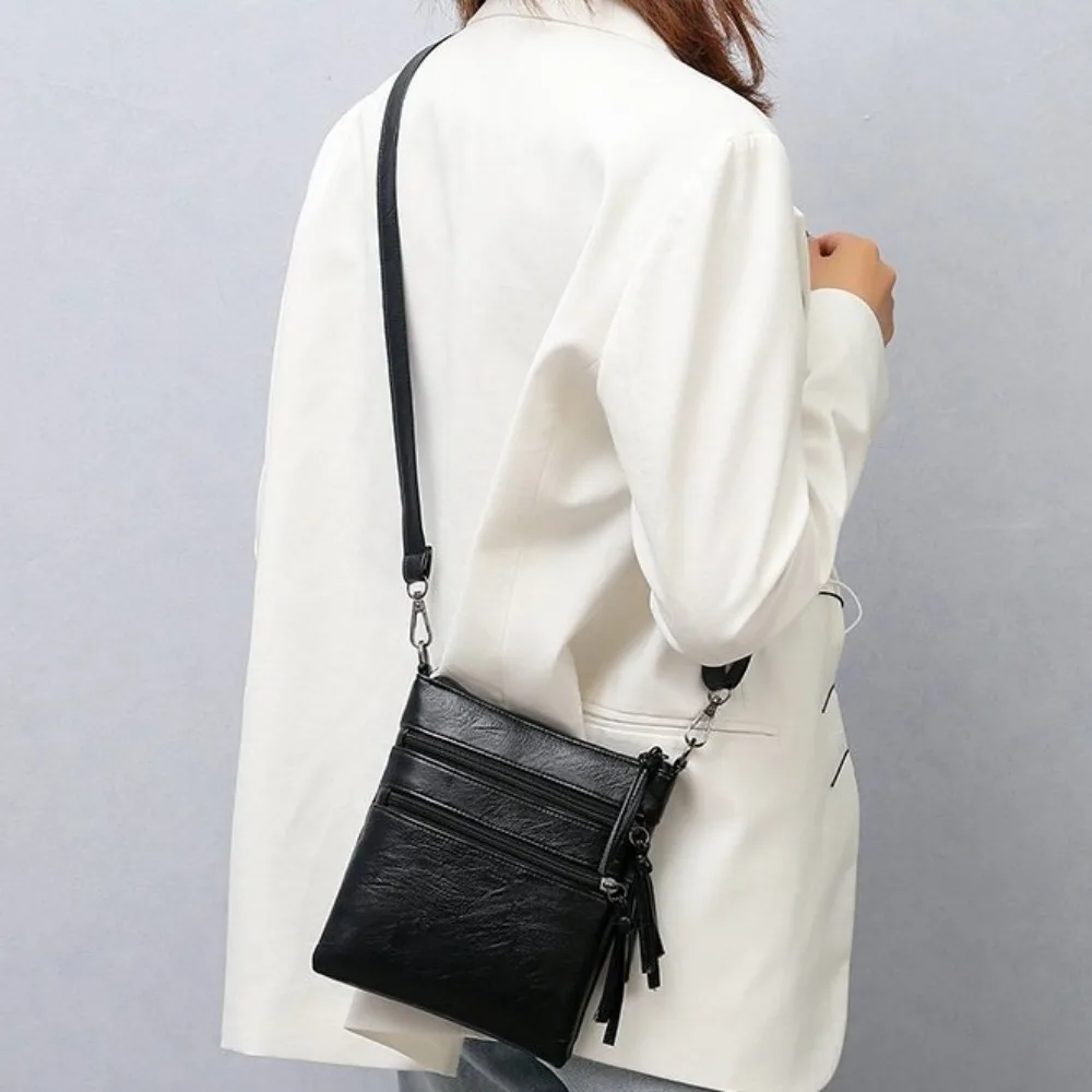 軽量ジッパー携帯電話ポーチ ソフトレザー PUレザー 縦型スクエアバッグ 3層 カジュアル シングルショルダーバッグ ギフト