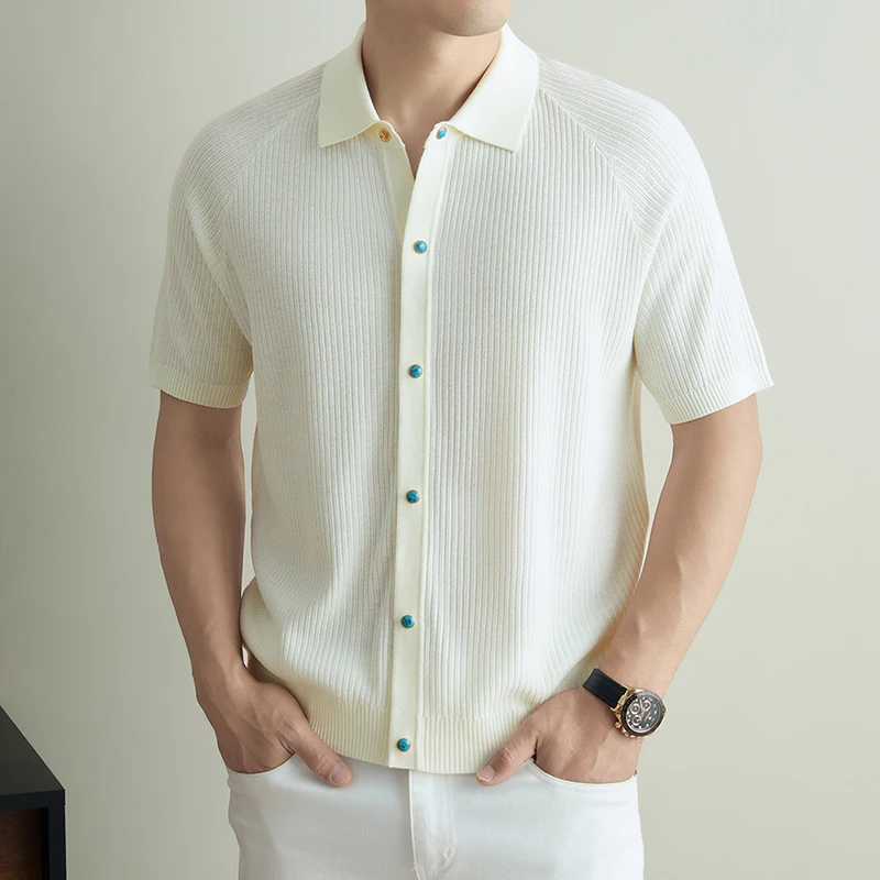 Afbeelding 5: Gebreid vest, T-shirt met korte mouwen, heren zomer nieuwe stijl, high-end casual, Old Money stijl, heren revers top