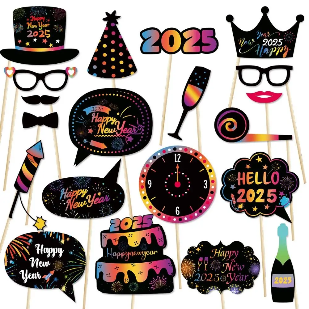 

20pcs Cartoon 2025 New Year Photo Booth Props Colorful Paper Photo Dress Up Props Blessing DIY Happy New Year Decor