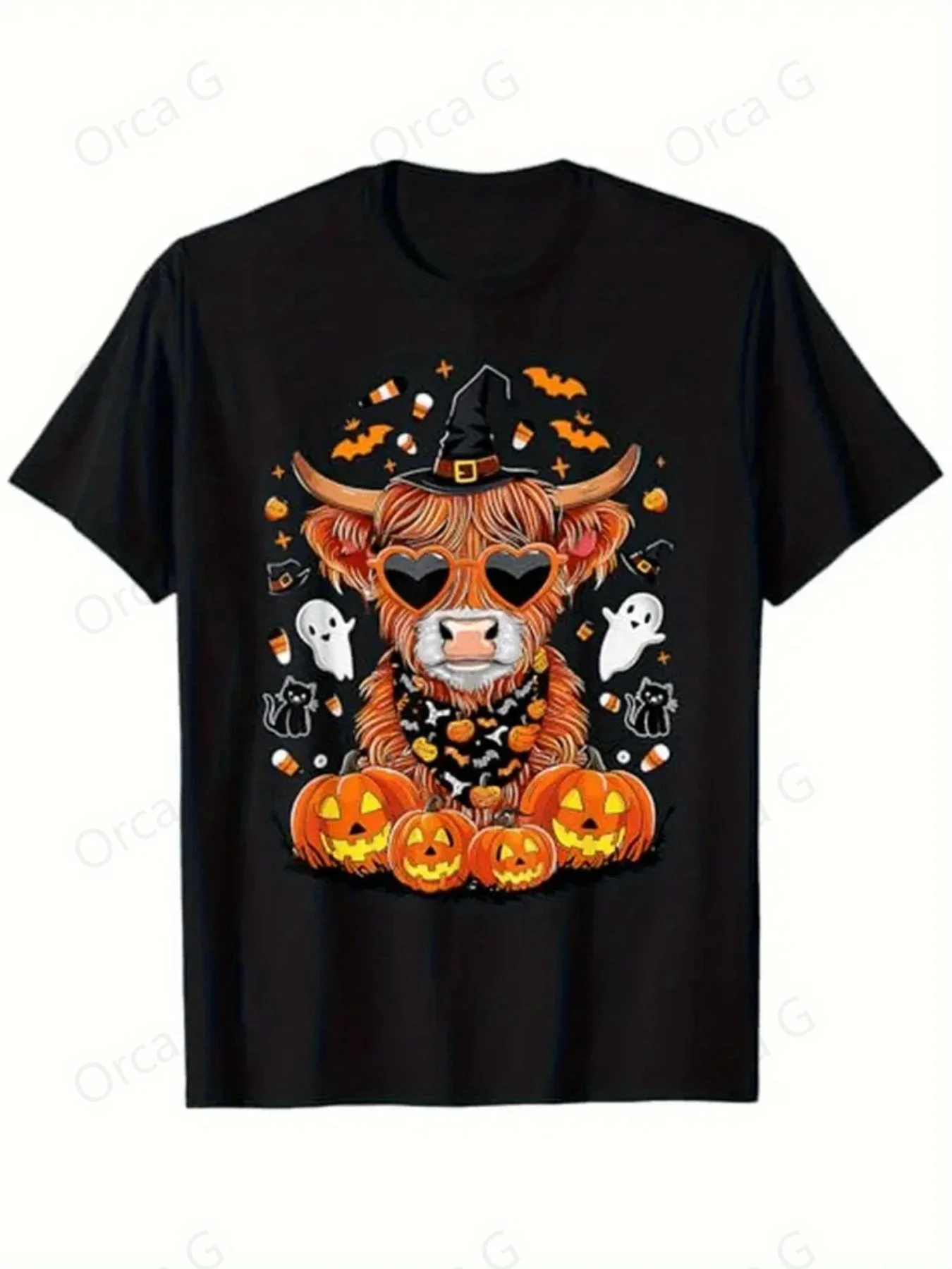 Men's Halloween Highland Cow & Scottish Terrier Dog Costume T-Shirt - 180g Breathable Moisture-Wicking Fabric, Loose Fit Casual Round Neck Short Sleeve with Spooky Ghosts, Bats & Jack-O'-Lanterns Design - Funny Scottish Cow with Heart Fashion Glasses & Sc