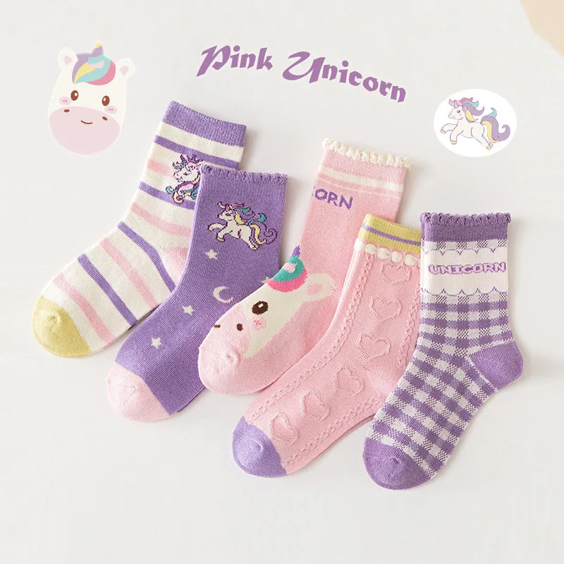 Children's Socks Spring Cotton Socks Girls Calf Socks Purple Unicorn Cartoon Socks Kids Baby Autumn Winter Socks 5 Pairs image 2