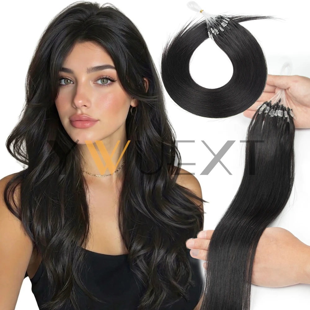 YWUEXT Straight Micro Loop Real Human Hair Extensions 30-50G Micro Ring Link Hair Micro Beads Hair Extensions 12