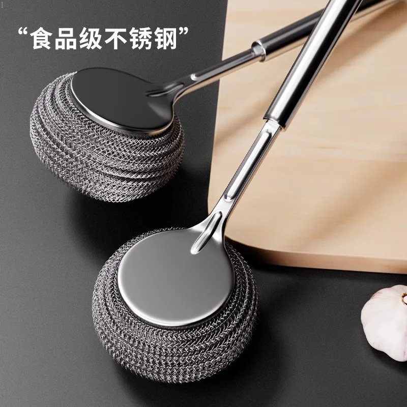 New Stainless Steel Pot Brush, Kitchen Specific Pot Washing Steel Wire Ball Brush, Long Handle Dishwashing and Cleaning Brush