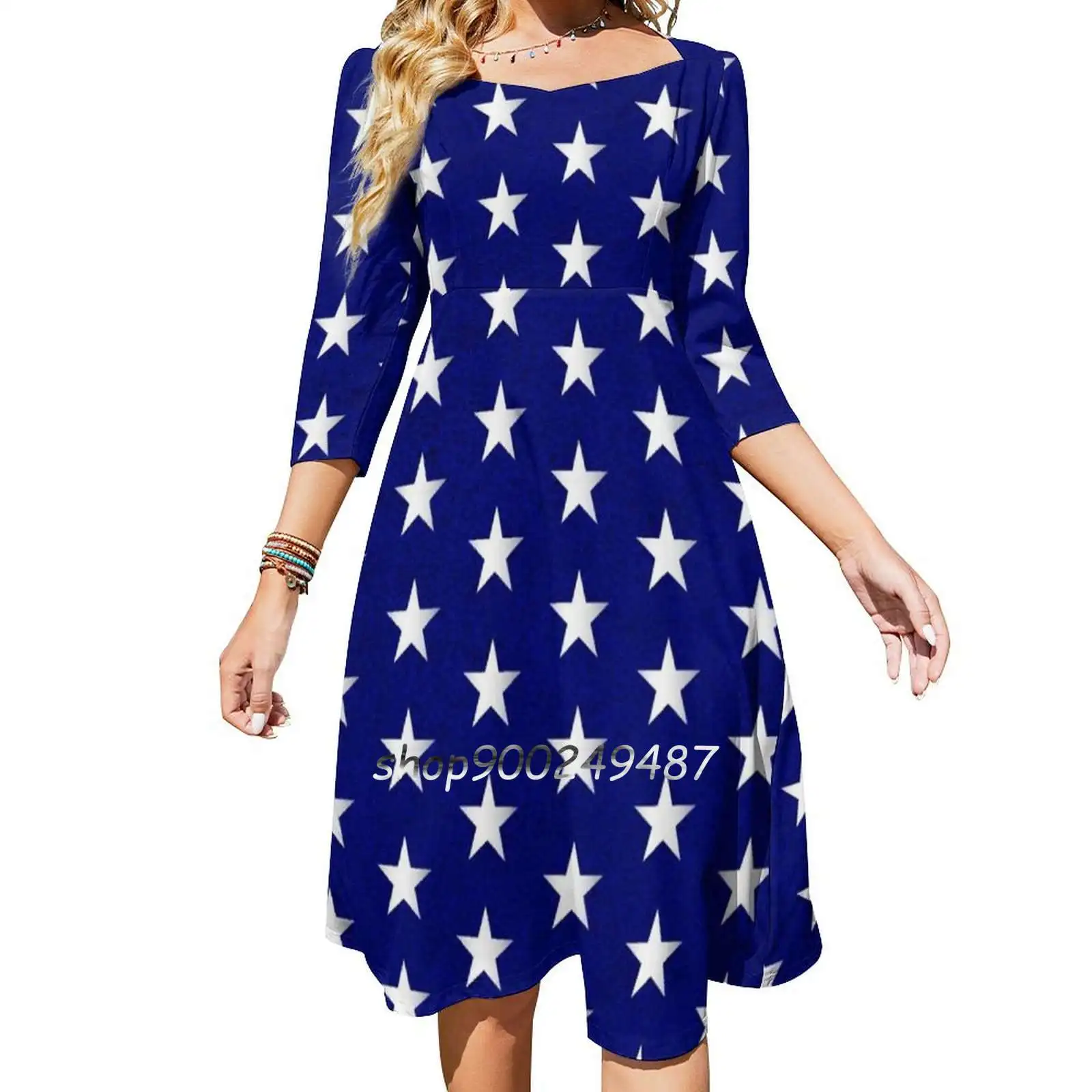 American Flag Stars Pattern Square Neck Dress Sweet Summer Dress Women Elegant Halter Print Dress Beautiful Blue Indigo Silver