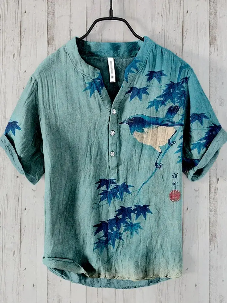 POLO con estampado de pintura de bambú chino para hombre, camisa de manga corta de alta gama, cuello en V, estilo universitario de verano, nuevo diseño retro