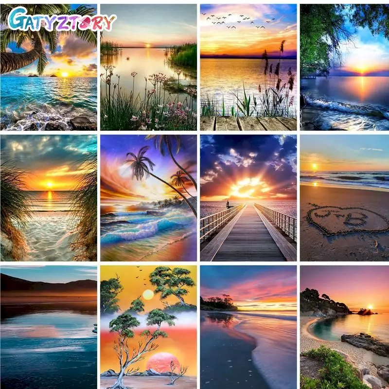 

GATYZTORY 5D Square Round Diamond Painting Frame DIY Cross Stitch Crafts Sunset Landscape Mosaic Diamond Embroidery Gift Wall Ar