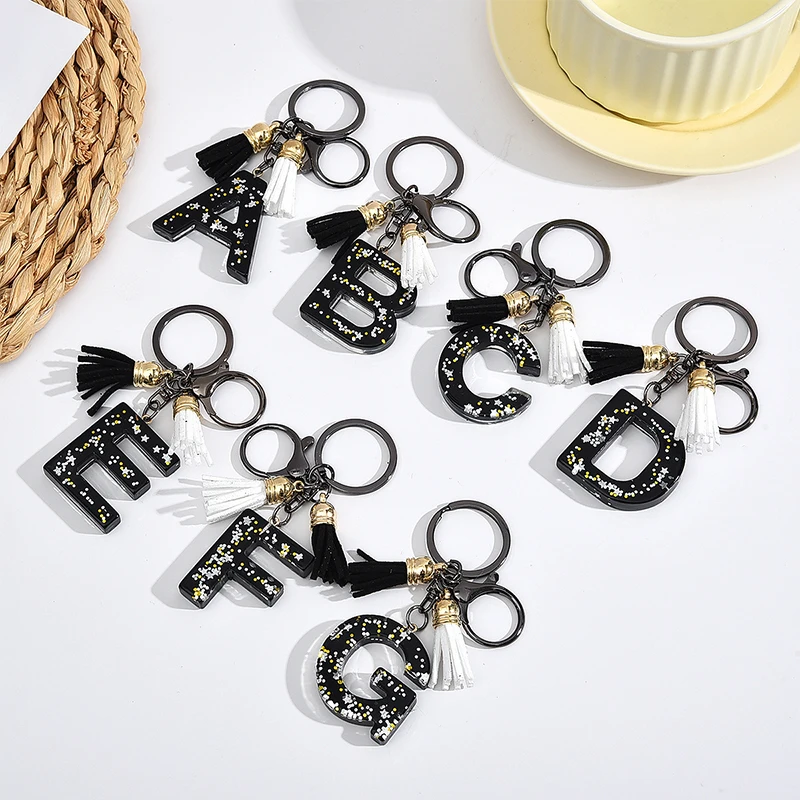 

Black Initials A-Z Keychain Glitter Star Sequins Resin Letters Keyring With Tassel For Women Bag Ornaments Charm Car Key Holder