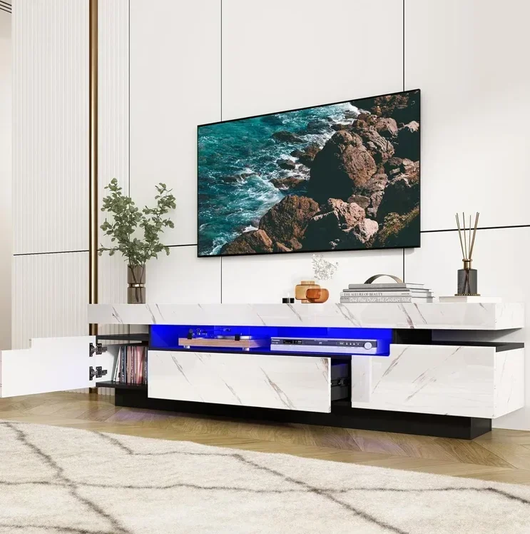 

-LED Light Modern Design TV Stands Marble Color TV Console Living Room Furniture Entertainment Center High Glossy TV Cabinet