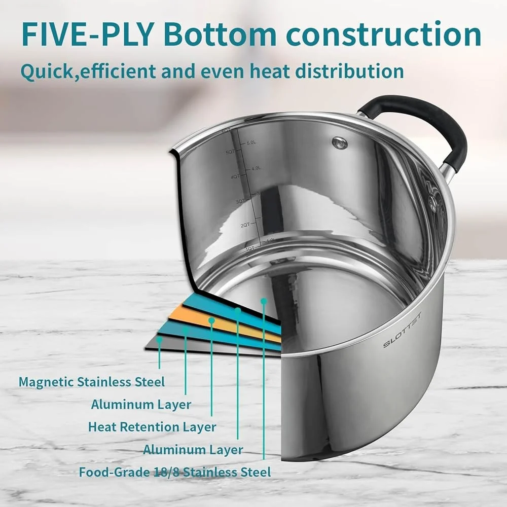 6 Quart Stainless Steel Stock Pot with Steamer Cool Handle Glass Lid Induction Gas Oven Safe Multi-Purpose Cookware Space Saving