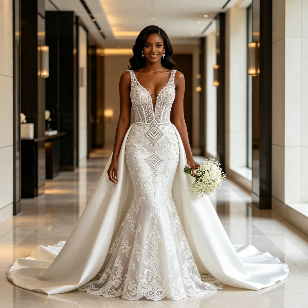 Custom Luxury Mermaid Wedding Dress 2026 Deep V Neck Beaded Rhinestone Corset Lace Bridal Gown Satin Overskirt Long Train