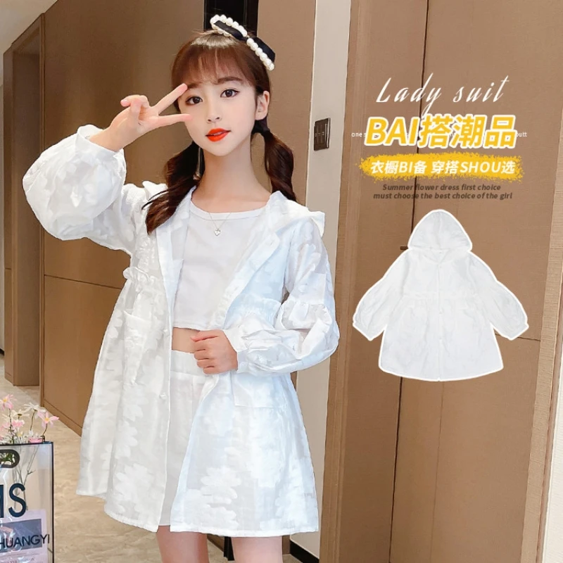 Girls' summer waist cinching sun protection jacket, lace long sleeved sun protection jacket with hat, lightweight breathable top