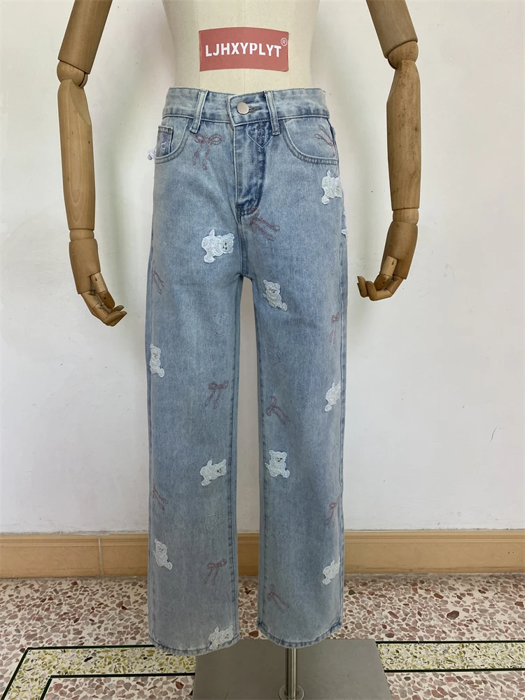 

Женские прямые джинсы с вышитым узором плюшевого мишки, весенне-осенние повседневные брюки для девочек, женские мешковатые синие джинсовые брюки