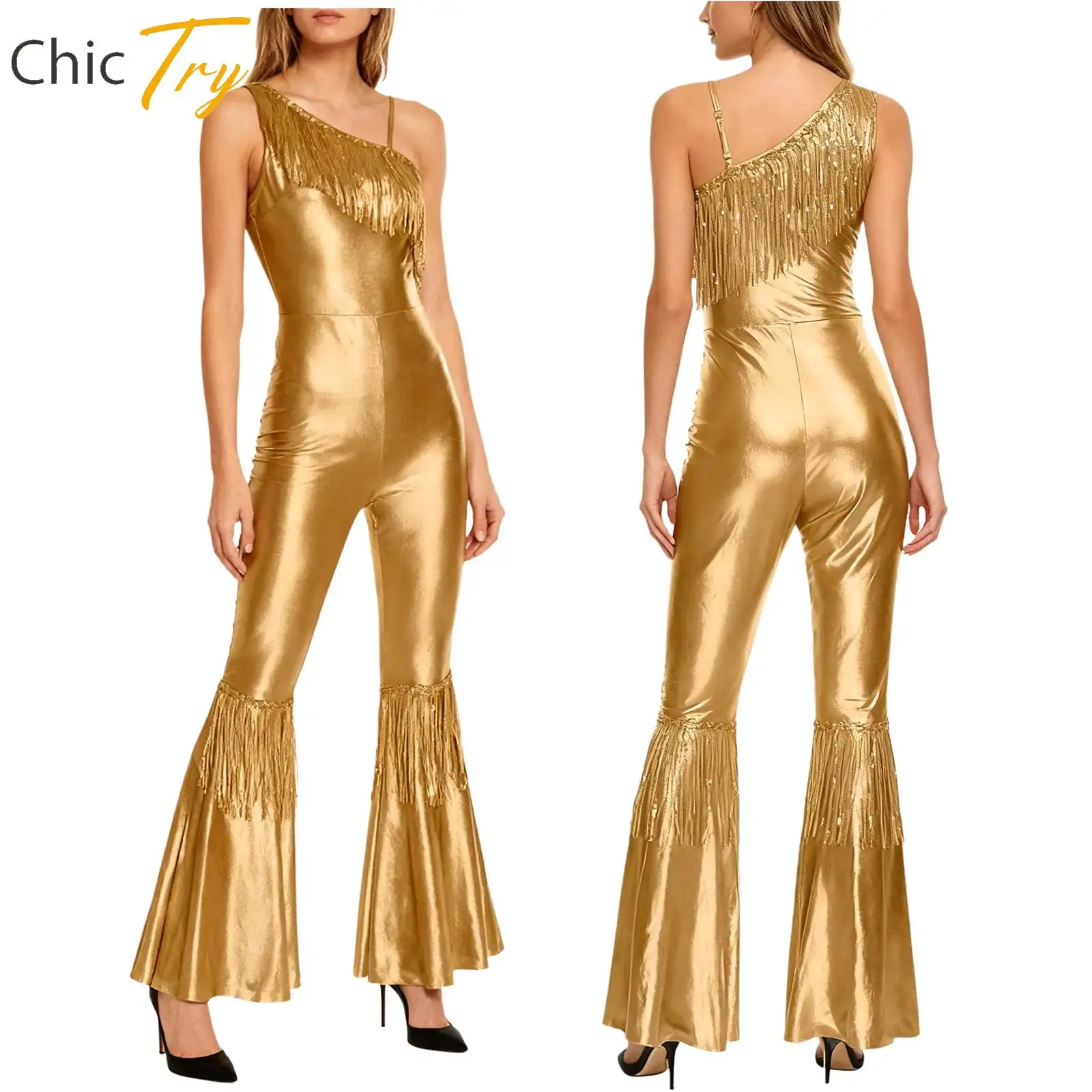 

Women Shiny Metallic Vintage 70s Disco Dance Costume Tassel One Shoulder Long Pants Jumpsuit for Carnival Jazz Dance Performance