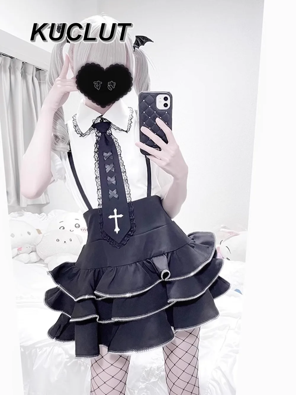 

Japanese Mine Lace Collar Small Tie Short Sleeve Shirt Goth Shirts Y2k Top Ruffle Edge Puffy Strap Short Skirt Culottes Set Girl