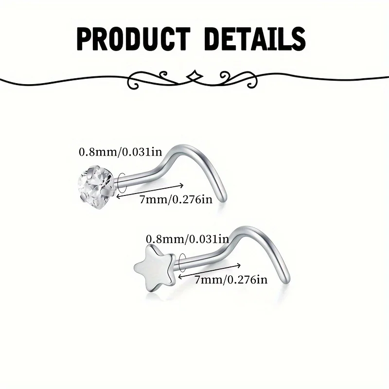 Stainless Steel 4pcs Nose Stud - Screw Nose Rings, Butterfly Love Star Body Piercing Jewelry