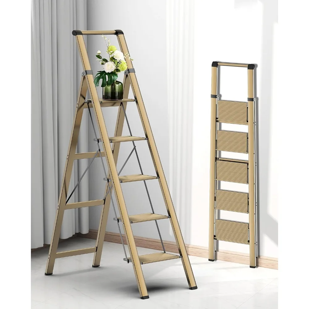 

5 Step Ladder, Folding Step Stool with Handgrip and Anti-Slip Wide Pedal, Portable Lightweight Aluminum Stepladder for Kitchen,