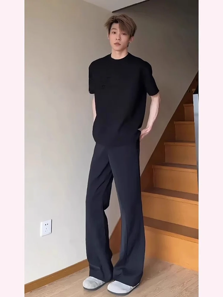 

Bla Ice Silk Men's Summer Thin Casual Pants Slimming High Waist Wide Leg Straight Cut Trousers Cool Feeling Low Elastic Waist
