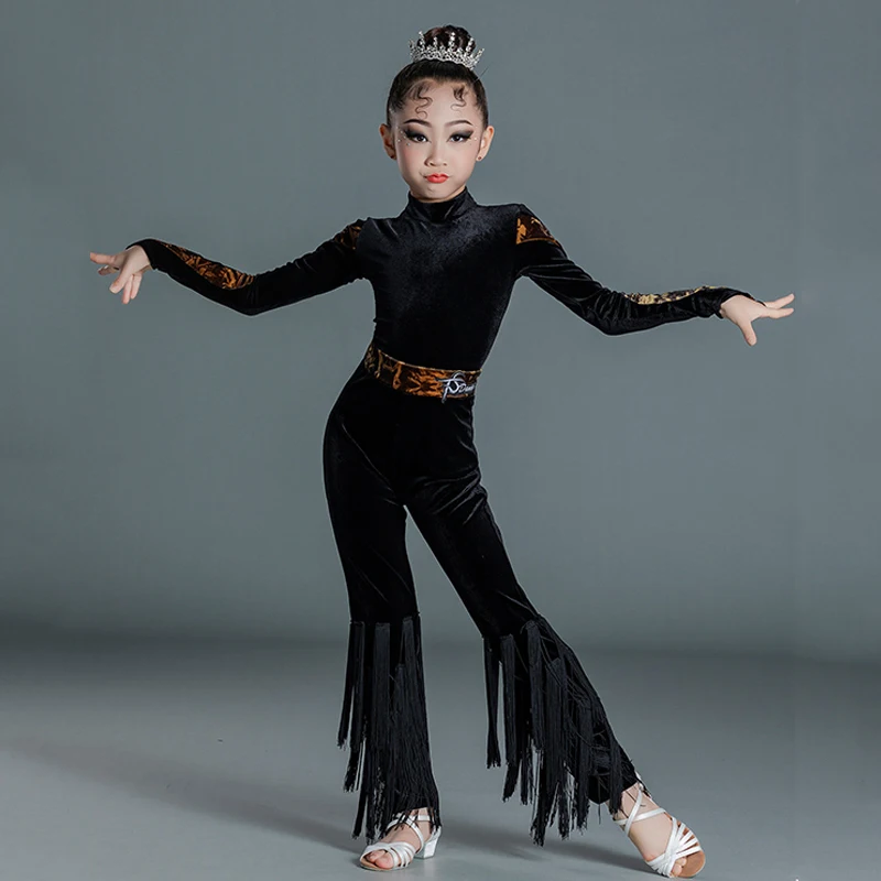 Vêtements de danse latine d'hiver pour enfants, hauts en velours noir pour filles, pantalons à glands, costume Cha Cha, vêtements d'entraînement de danse