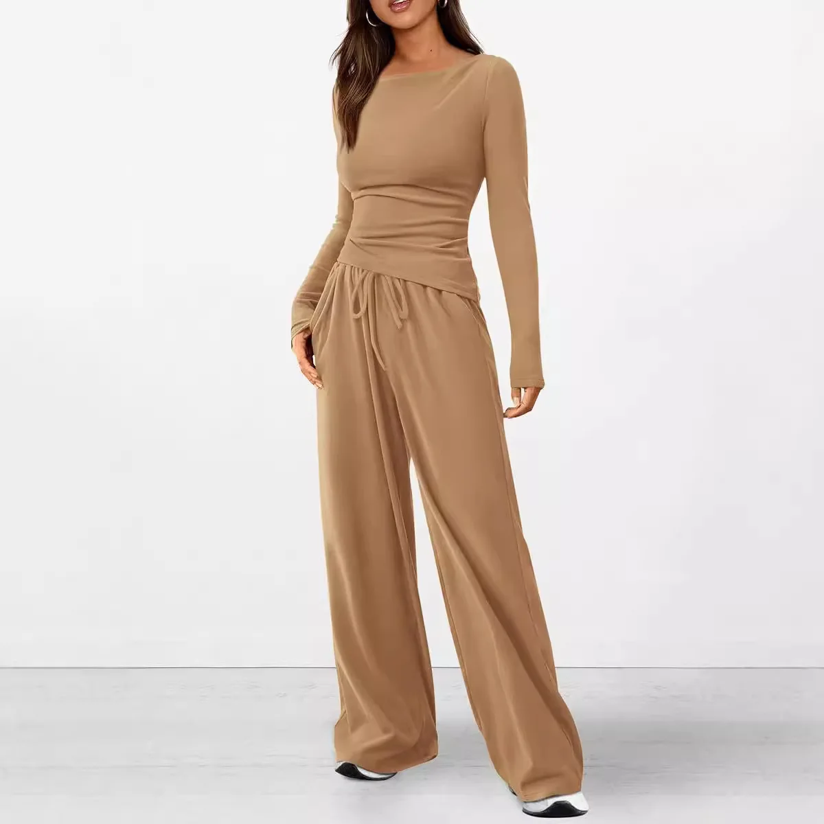 2025 الخريف ملابس رياضية مجموعة عادية غير المتماثلة طويلة الأكمام تي شيرت بنطال ذو قصة أرجل واسعة 2 قطعة مجموعة للمرأة #3