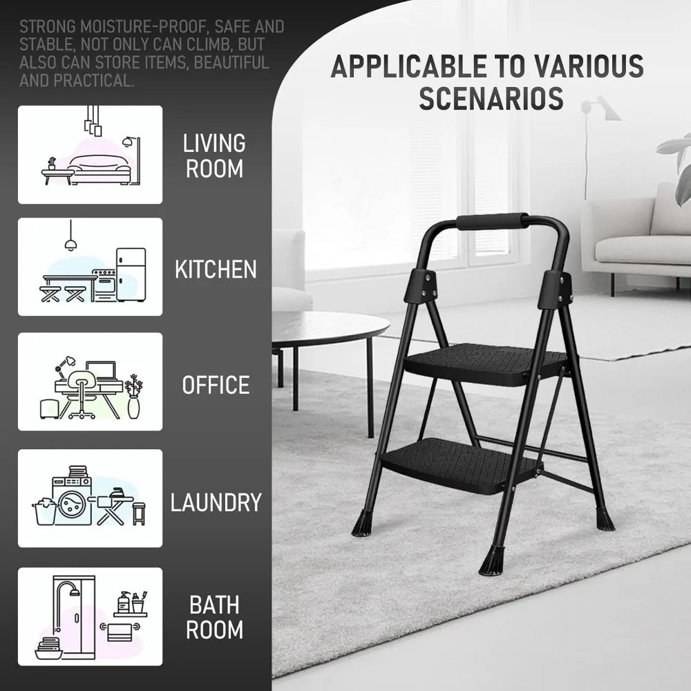 2 Step Ladder, Folding Step Stool with Wide Anti-Slip Pedal, Sturdy Steel Ladder, Convenient Handgrip, Lightweight Portable